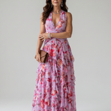 Norma | Abito Maxi Floreale con Scollo All'Americana e Corpino Arricciato