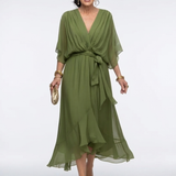 Celeste | Abito Midi Drappeggiato con Scollo a V e Cintura in Vita