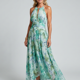 Portia | Vestito Midi a Pieghe con Scollo Halter e Motivo Floreale