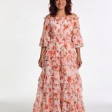 Rosalba | Abito Maxi a Spalle Scoperte con Rouches Floreali