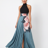 Olimpia | Abito Maxi con Corpetto Halter e Gonna Floreale