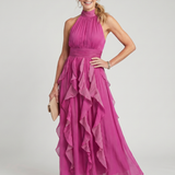 Oriana | Abito Maxi con Scollo Alto e Rouches a Strati