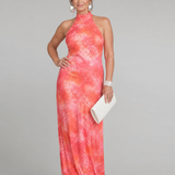 Camilla | Abito Maxi con Scollo Halter e Motivo Stampato