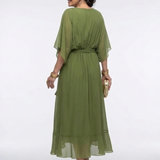Celeste | Abito Midi Drappeggiato con Scollo a V e Cintura in Vita