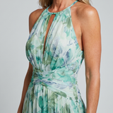 Portia | Vestito Midi a Pieghe con Scollo Halter e Motivo Floreale