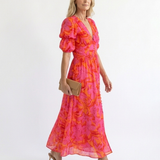 Willa | Vestito Midi con Scollo a V e Maniche a Palloncino