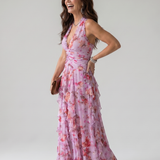 Norma | Abito Maxi Floreale con Scollo All'Americana e Corpino Arricciato
