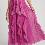 Oriana | Abito Maxi con Scollo Alto e Rouches a Strati