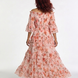 Rosalba | Abito Maxi a Spalle Scoperte con Rouches Floreali