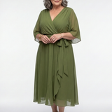 Celeste | Abito Midi Drappeggiato con Scollo a V e Cintura in Vita