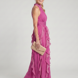 Oriana | Abito Maxi con Scollo Alto e Rouches a Strati