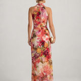 Elisabetta | Abito Maxi a Stampa Floreale con Collo Halter