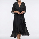 Celeste | Abito Midi Drappeggiato con Scollo a V e Cintura in Vita