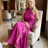Oriana | Abito Maxi con Scollo Alto e Rouches a Strati