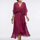 Celeste | Abito Midi Drappeggiato con Scollo a V e Cintura in Vita