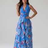 Norma | Abito Maxi Floreale con Scollo All'Americana e Corpino Arricciato