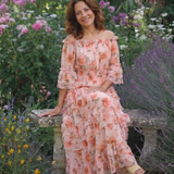 Rosalba | Abito Maxi a Spalle Scoperte con Rouches Floreali