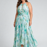 Portia | Vestito Midi a Pieghe con Scollo Halter e Motivo Floreale