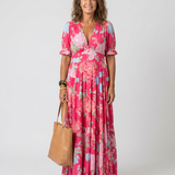Eleonora | Abito Midi Floreale a Maniche Corte con Scollo a V