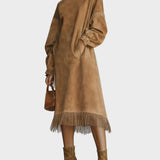 Abito in Suede con Collo Alto e Frange