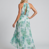 Portia | Vestito Midi a Pieghe con Scollo Halter e Motivo Floreale