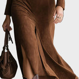 Colletto in stile retro occidentale in faux suede, midi con spacco