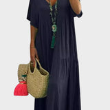 Linnea – Abito maxi morbido con rouches e scollatura a V