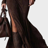 Adrianna - Abito maxi in suede marrone con cintura e zip