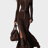 Adrianna - Abito maxi in suede marrone con cintura e zip