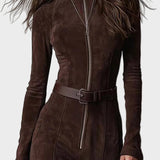Adrianna - Abito maxi in suede marrone con cintura e zip