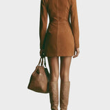 Abito Mini in Velluto Sintetico Marrone con Collo Alto e Zip