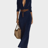 Abito maxi in suede con chiusura singola e colletto