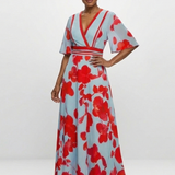 Ornella | Abito Maxi Floreale a Maniche Corte con Scollo a V