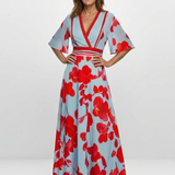 Ornella | Abito Maxi Floreale a Maniche Corte con Scollo a V
