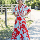 Ornella | Abito Maxi Floreale a Maniche Corte con Scollo a V
