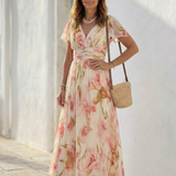 Elara | Abito Maxi Floreale con Maniche Corte a V