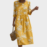 Iara - Abito Midi con Motivo di Piante e Fiori