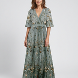 Vivienne | Abito Maxi Floreale con Scollo a V e Maniche Trasparenti