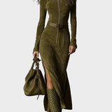 Adrianna - Abito maxi in suede marrone con cintura e zip