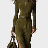 Abito Maxi Vintage Verde con Zip e Cintura