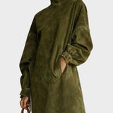 Abito in Suede con Collo Alto e Frange